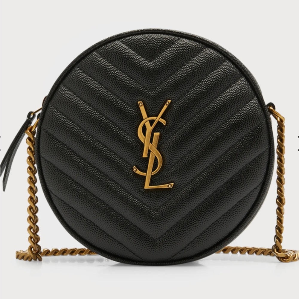 Saint Laurent Vinyle YSL Round Quilted Grain de Poudre Crossbody Bag